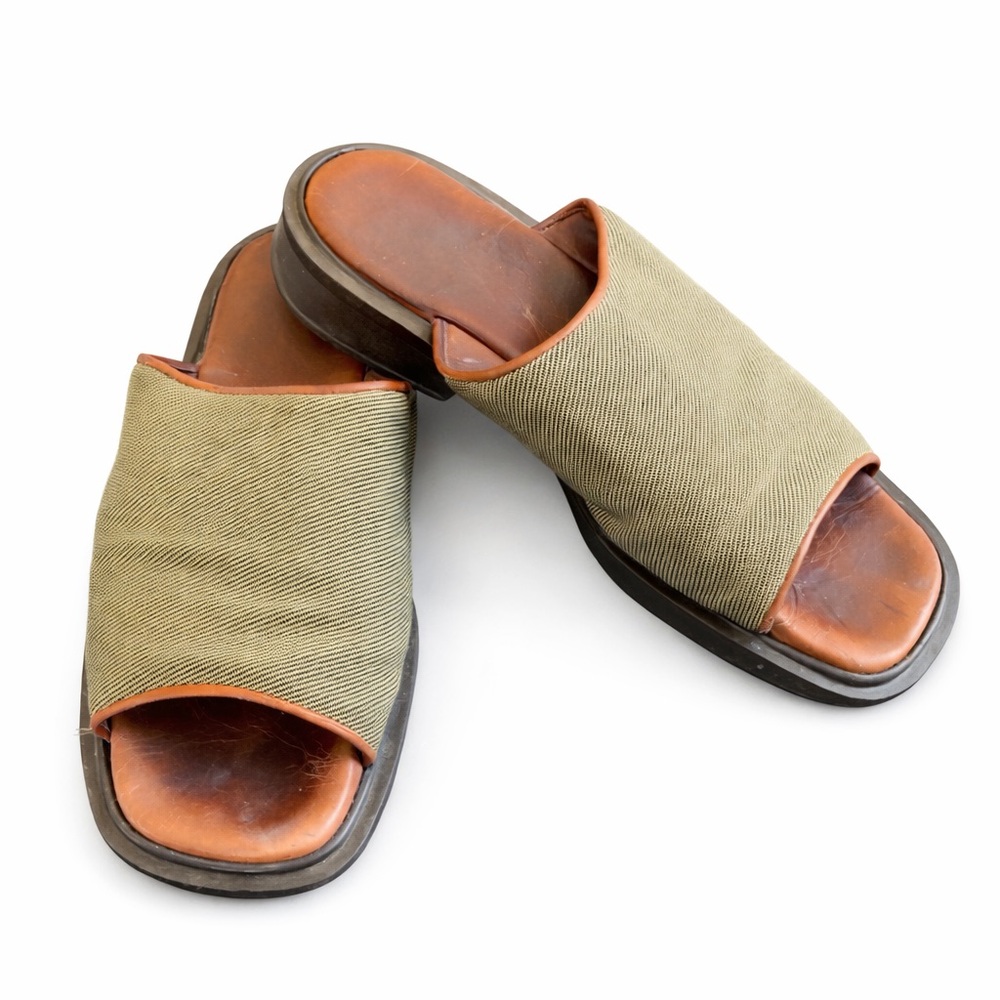 Made in Italy Leather Slide Sandals Neutral Tan Brown Cushioned Footbed Comfort